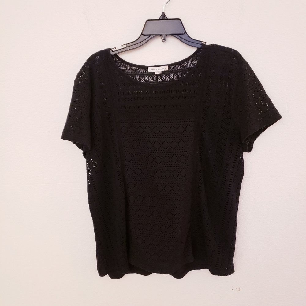 John Paul Richards Black Crochet Short Sleeve Top Partially LIned Size XL EUC